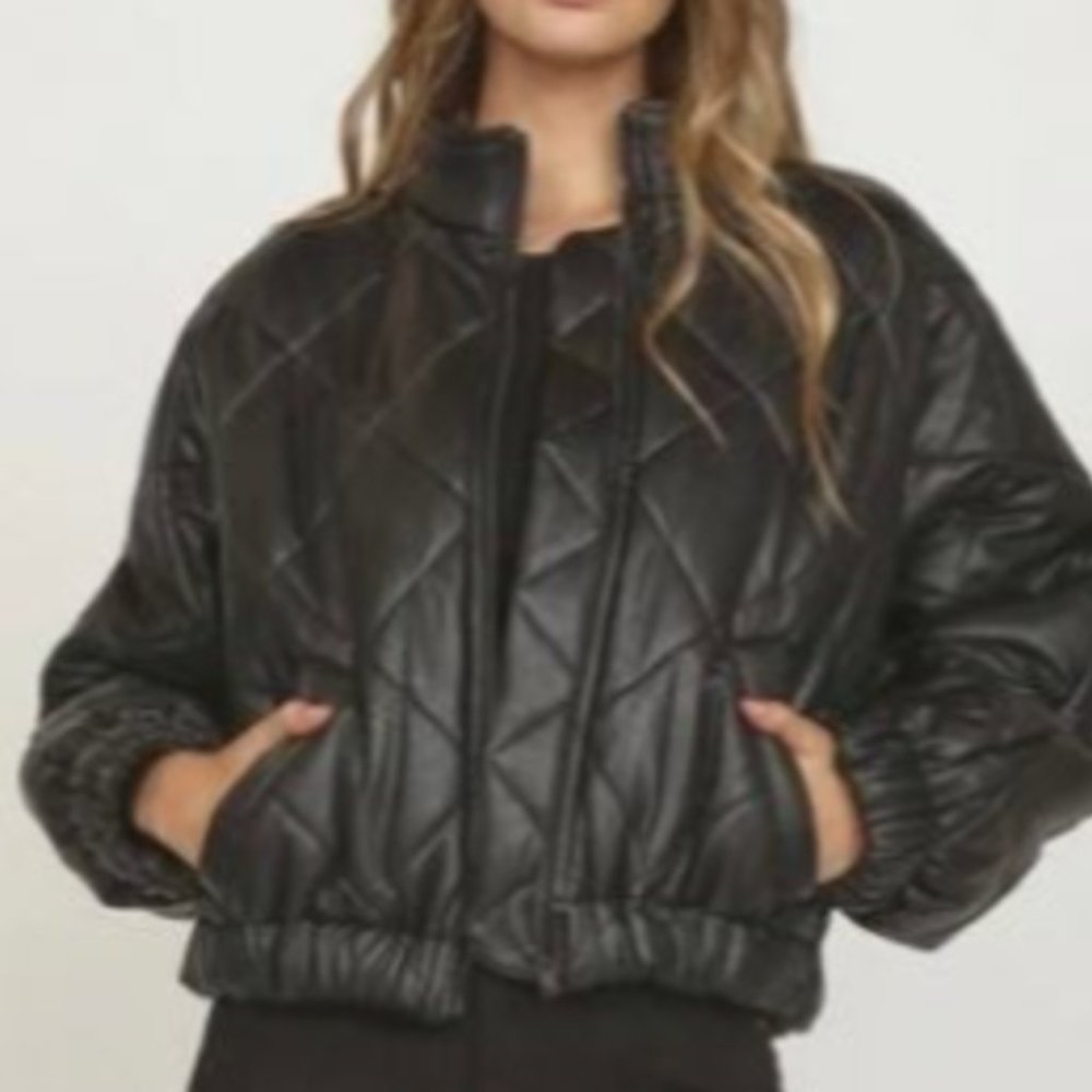 Vintage Havana Black Faux Leather Puffer Jacket